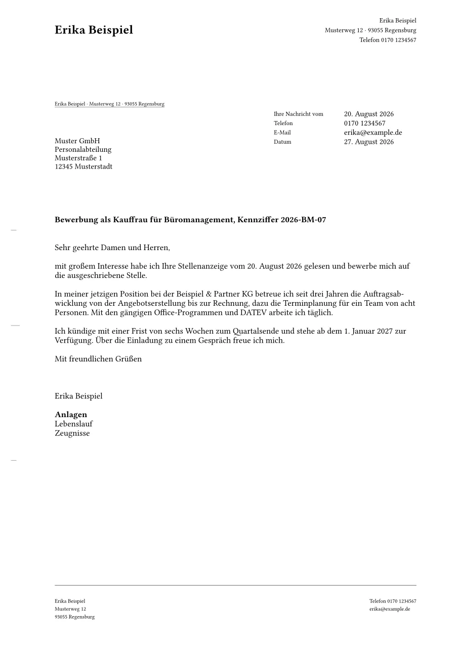 Gesetztes Bewerbungsanschreiben nach DIN 5008 mit Anlagenvermerk