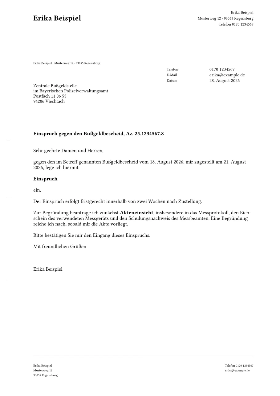 Gesetzter Einspruch gegen einen Bußgeldbescheid nach DIN 5008 mit Anschriftfeld und Falzmarken