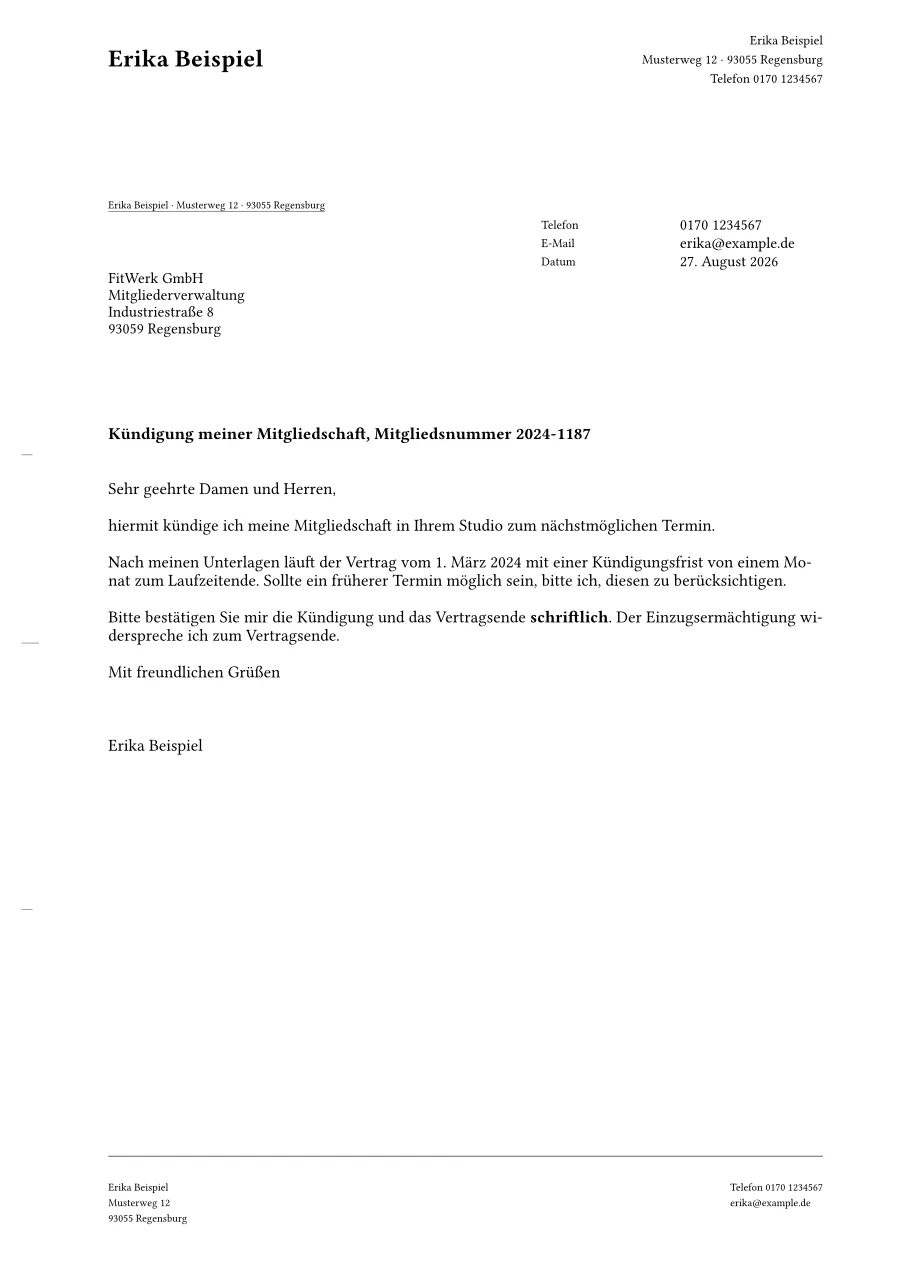 Gesetzter Kündigungsbrief nach DIN 5008 mit Anschriftfeld und Falzmarken