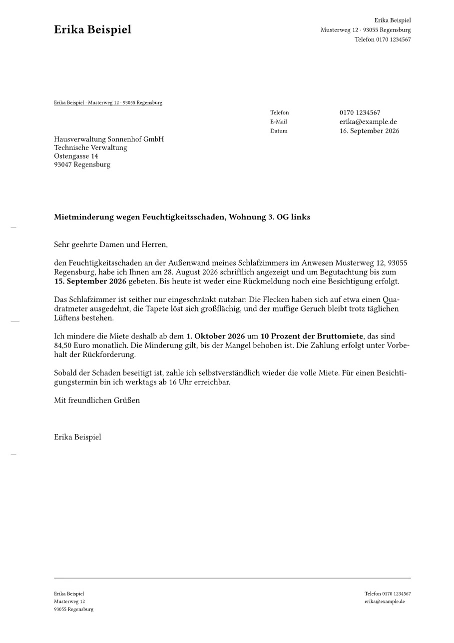 Gesetzter Brief zur Mietminderung nach DIN 5008 mit Anschriftfeld und Falzmarken