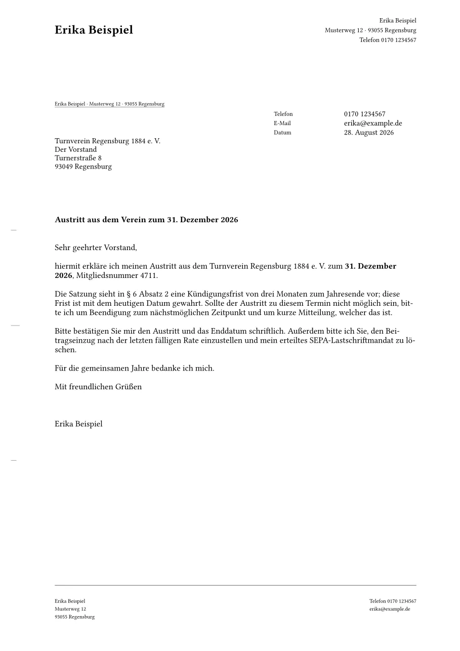 Gesetzte Austrittserklärung an einen Verein nach DIN 5008 mit Anschriftfeld und Falzmarken