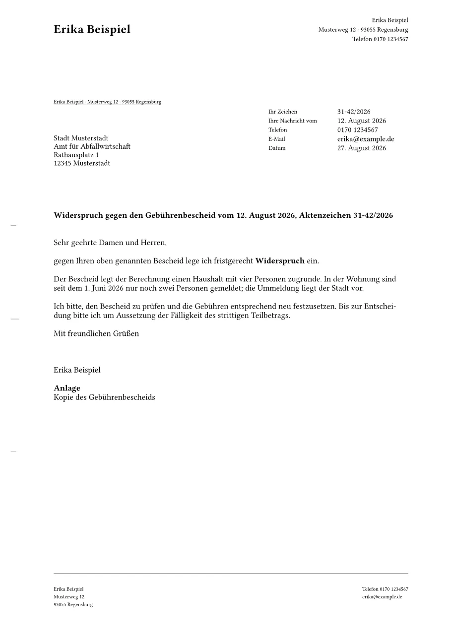 Gesetzter Widerspruchsbrief nach DIN 5008 mit Aktenzeichen im Informationsblock