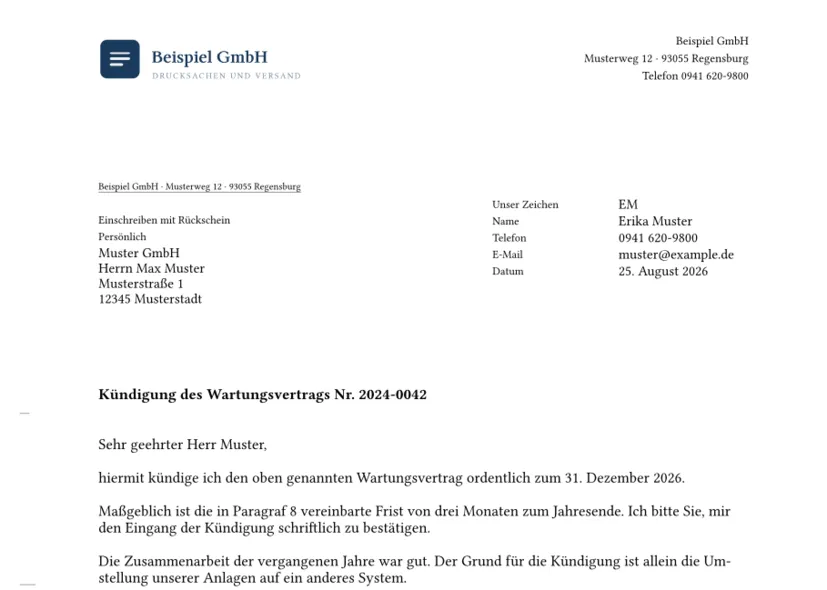 Beispielbrief mit Versandvermerk Einschreiben über dem Anschriftfeld