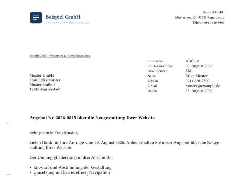 Beispielbrief Form B: Briefkopf, Anschriftfeld im Fensterbereich, Informationsblock und Betreff