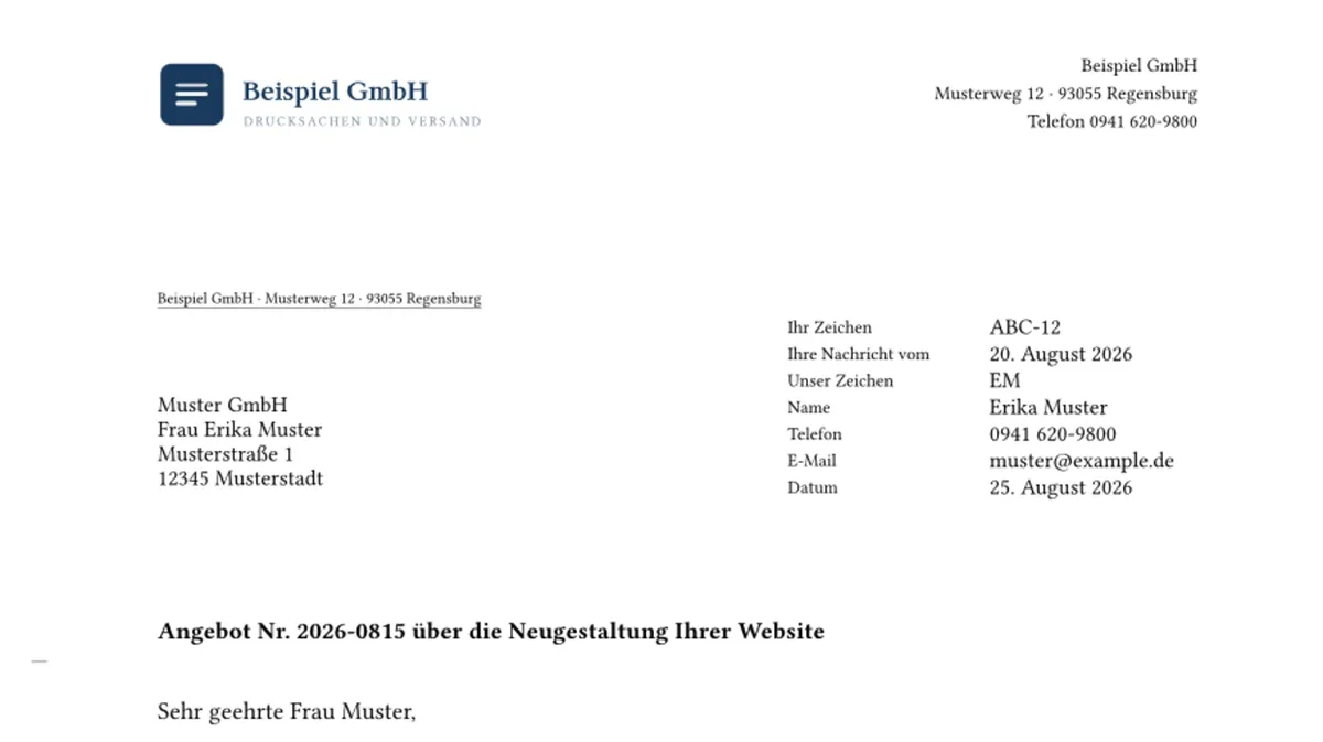Briefkopf, Anschriftfeld, Informationsblock und Betreff eines gesetzten Geschäftsbriefs